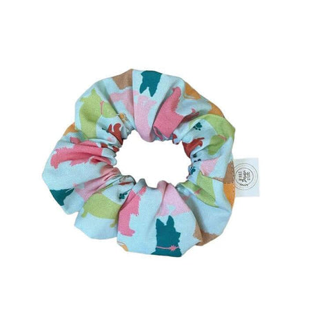 Colorful dog-themed scrunchie with playful pup print showcasing a stylish accessory for dog lovers.