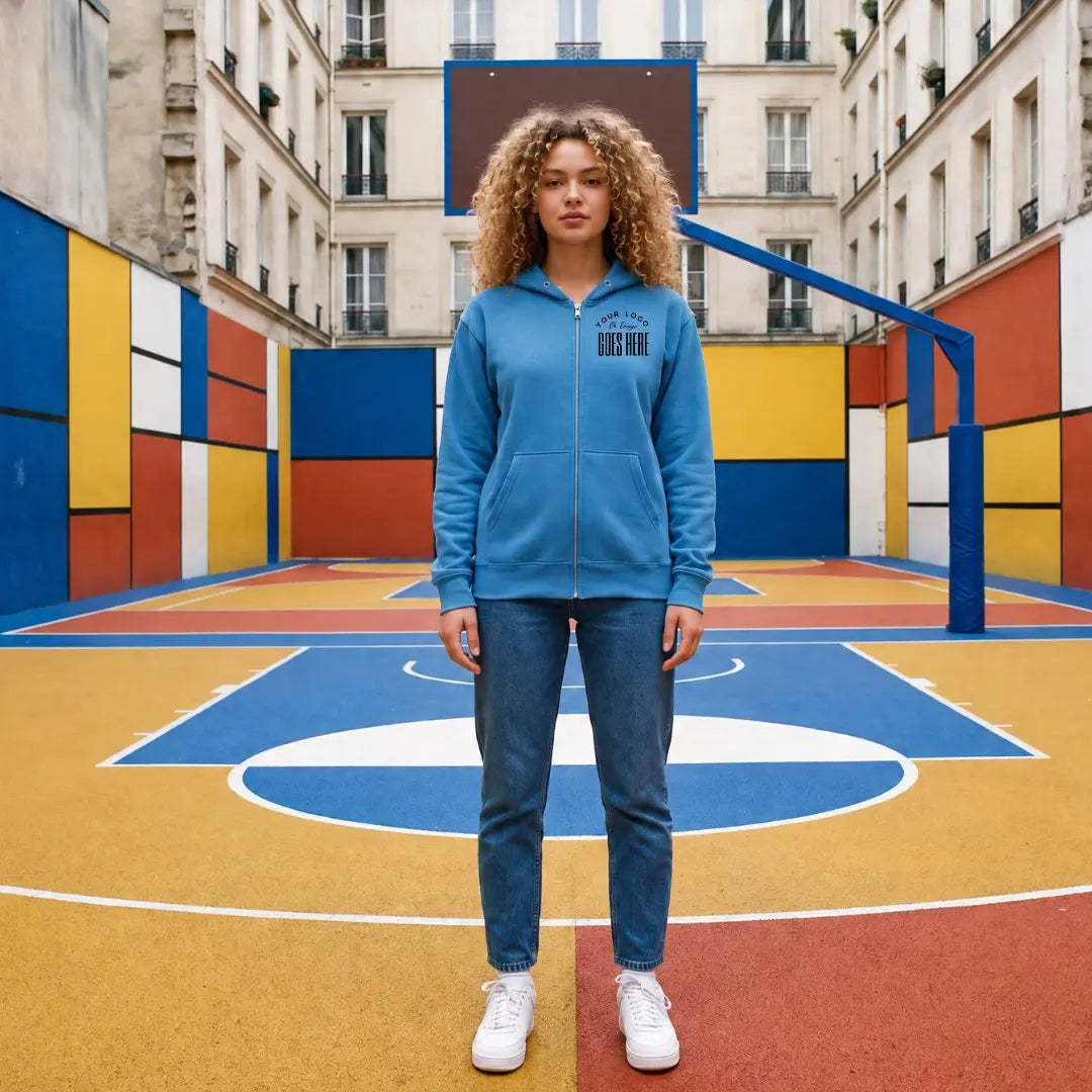 Blue custom full zip hoodie with a black "Your Logo or Design Goes Here" left chest placeholder print