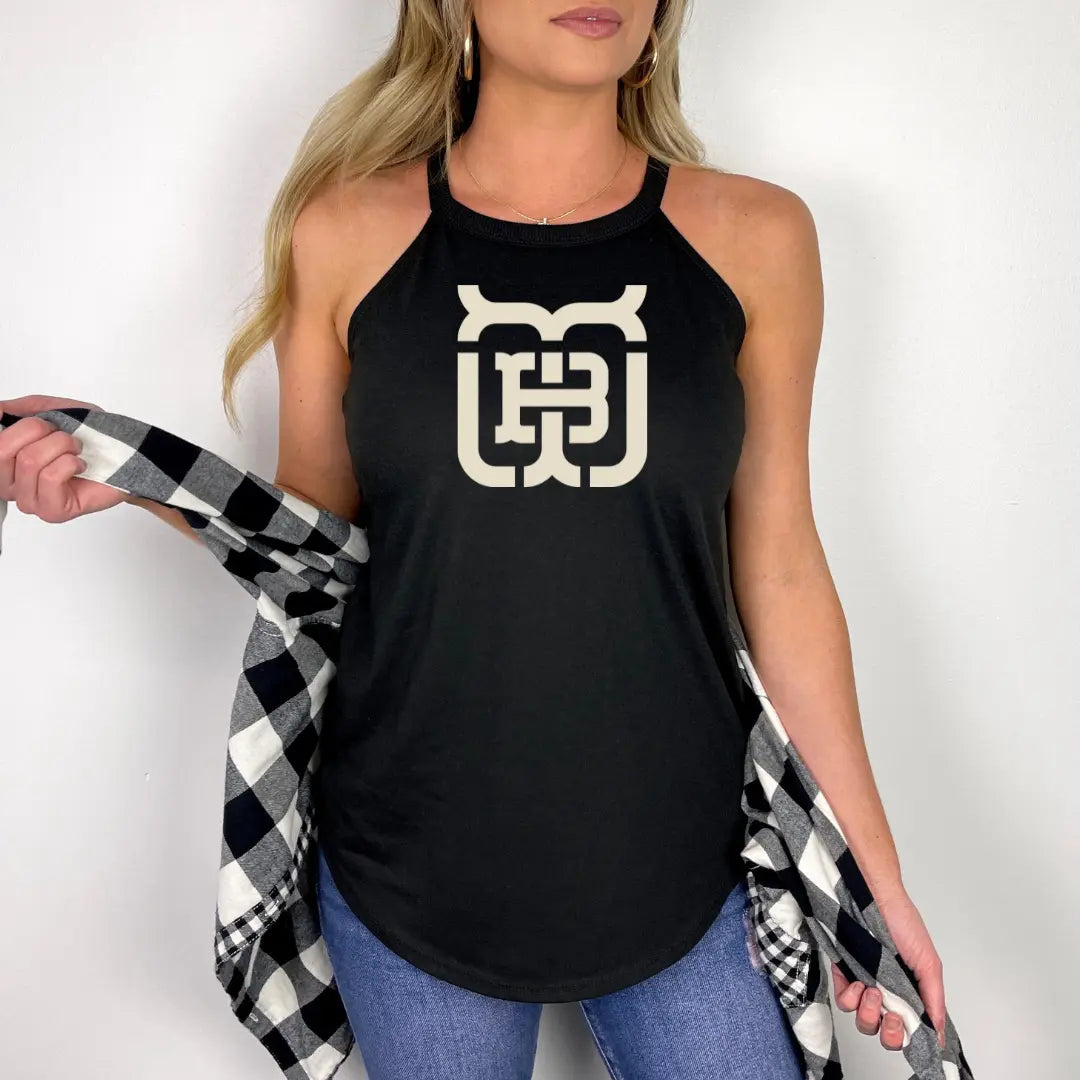 Winks Design Studio Tobacco Wood Brewing halter tank top showing a stylish, casual sleeveless design with tobacco wood pattern.