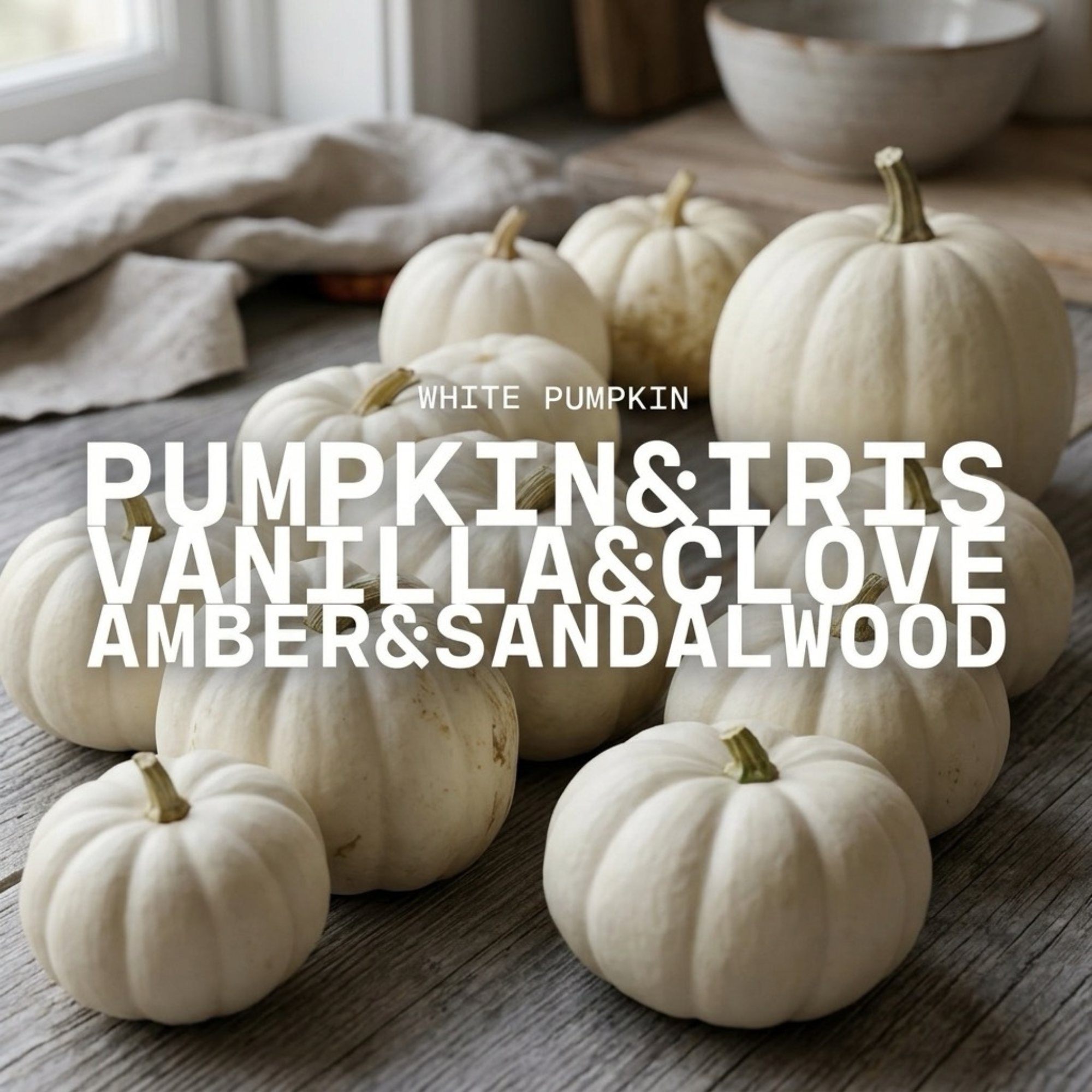 A styled arrangement of small decorative white pumpkins on a rustic wooden surface, with overlaid text reading &