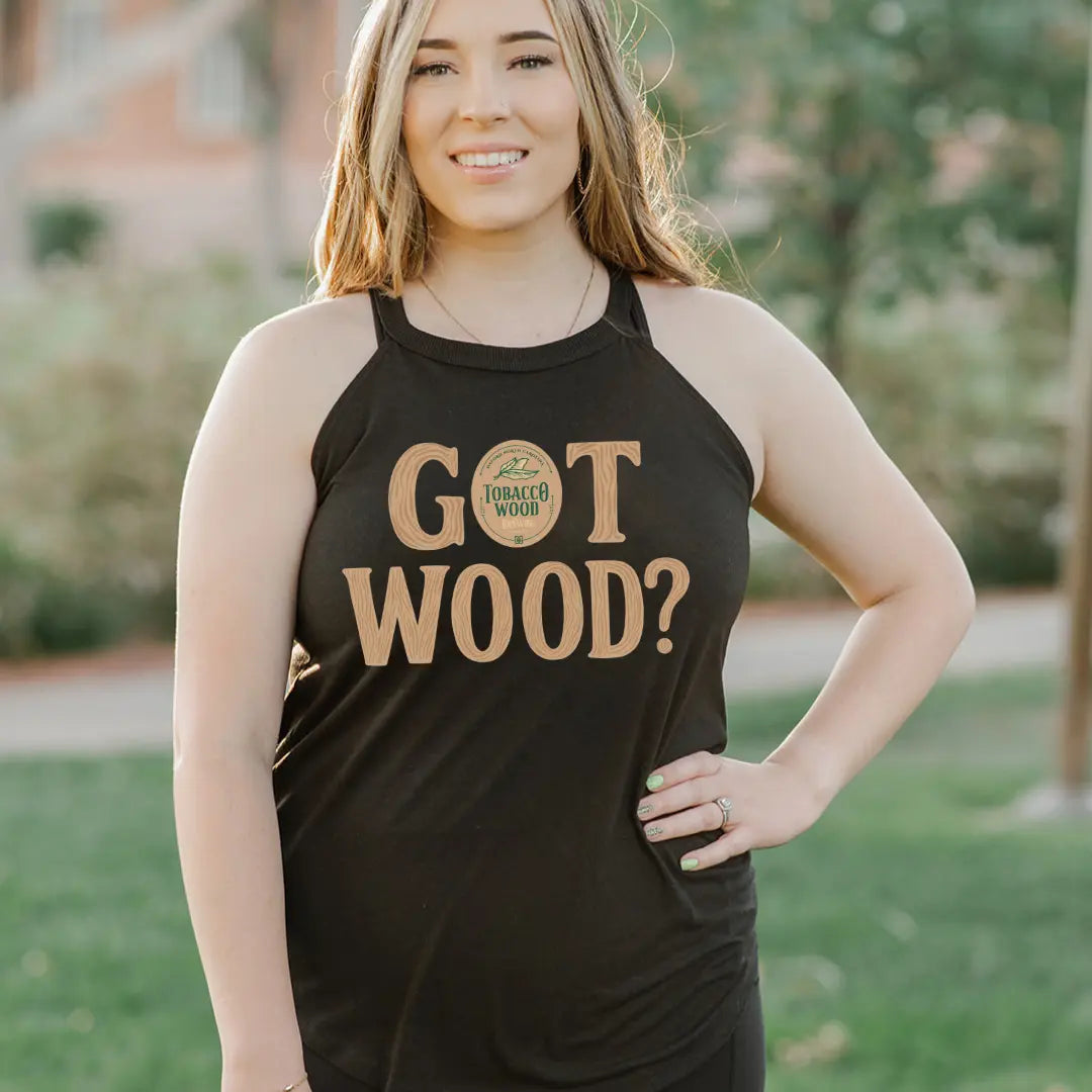 Tobacco wood halter tank top by Winks Design Studio, LLC, featuring a stylish sleeveless design and natural wood accents.