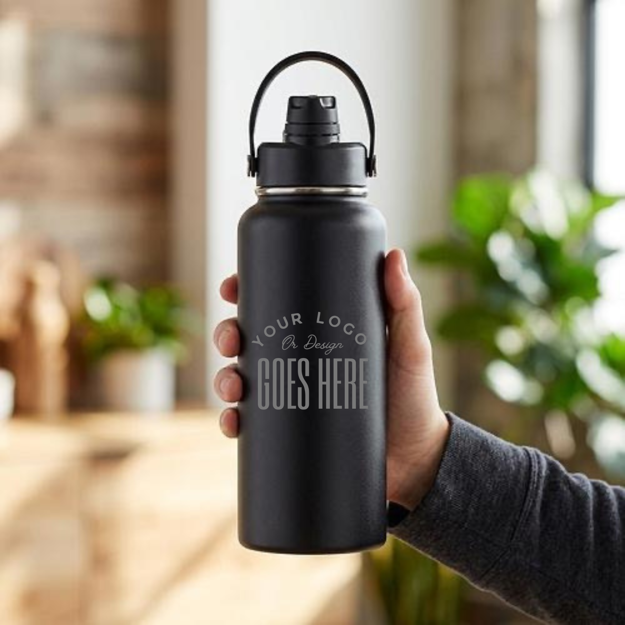 A hand holding a matte black insulated water bottle with a carry loop and a customizable logo placeholder on the front, set against a softly blurred indoor background.