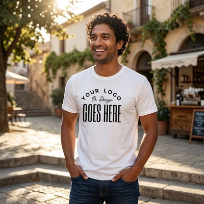 White custom t-shirt with a large black "Your Logo or Design Goes Here" center chest placeholder print