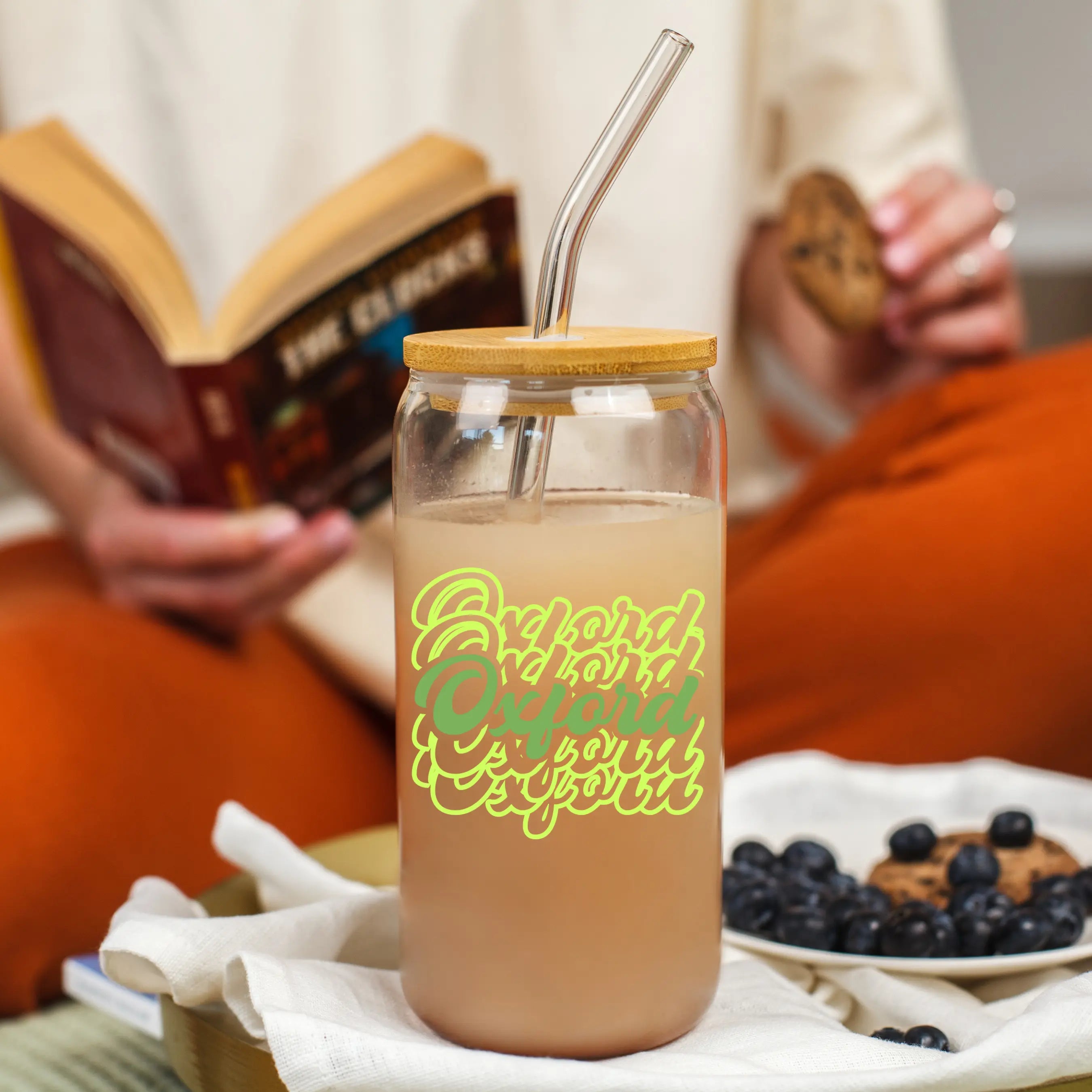 Clear glass Oxford Script 20oz beer can glass by Winks Design Studio, LLC, with elegant script design visible.