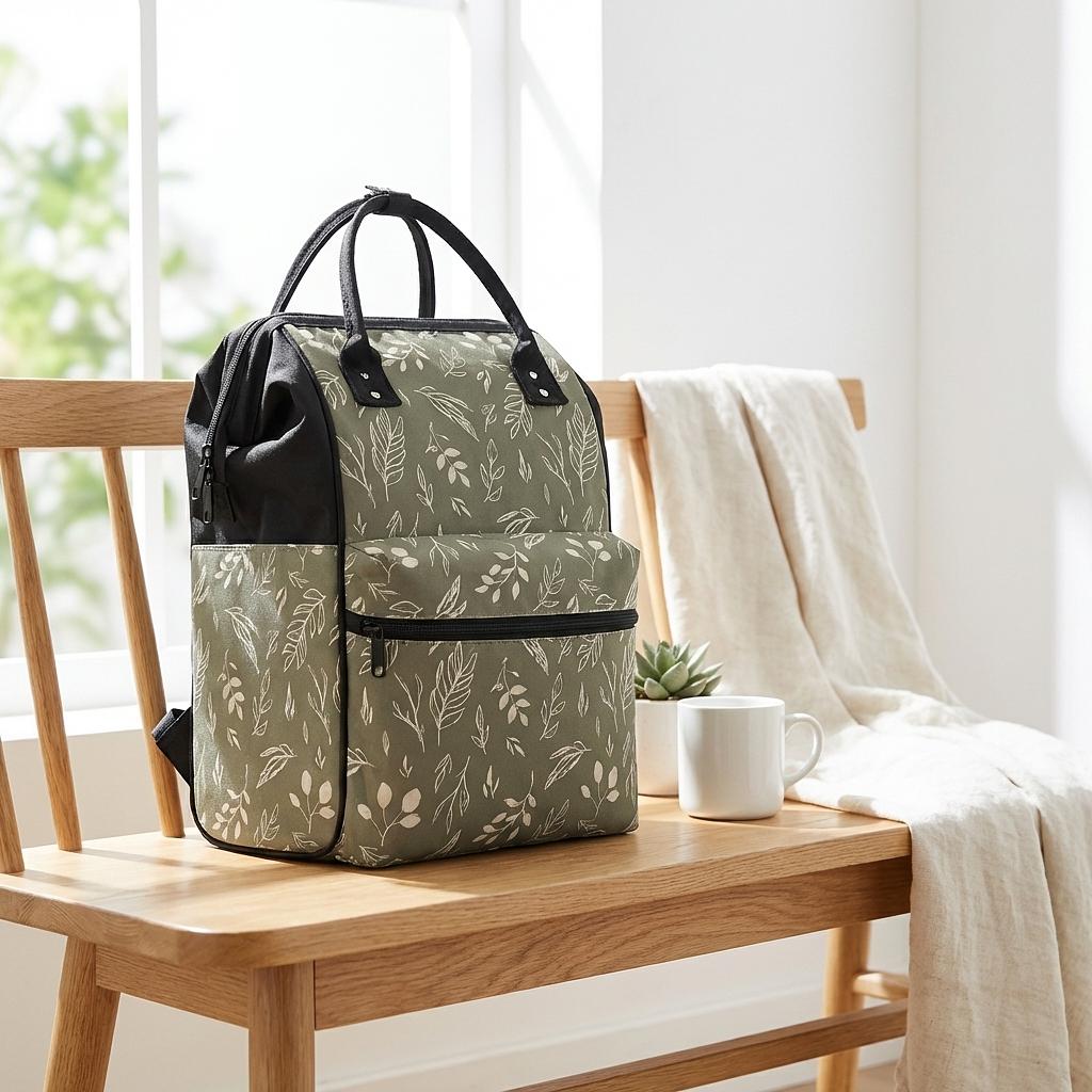 Winks Design Studio Duckbilled Backpack with adjustable straps, featuring a stylish sage green color and spacious compartments.