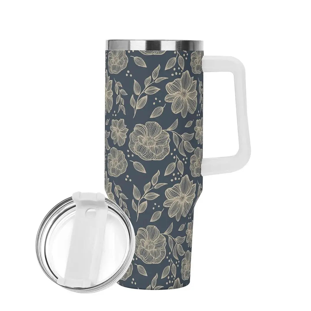 Midnight Garden 40oz stainless steel tumbler with floral design from Winks Design Studio, LLC, featuring a large, insulated drink container