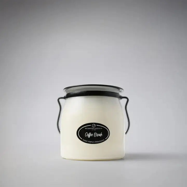Milkhouse Candle Coffee Break 16 oz butter jar candle by Winks Design Studio, LLC, with a cozy coffee-themed design and warm glow