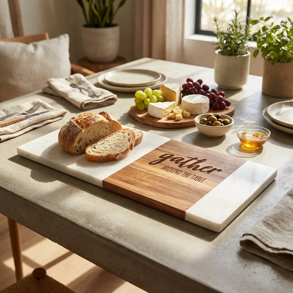 Engraved marble serving board by Winks Design Studio, LLC, featuring intricate patterns for elegant food presentation.