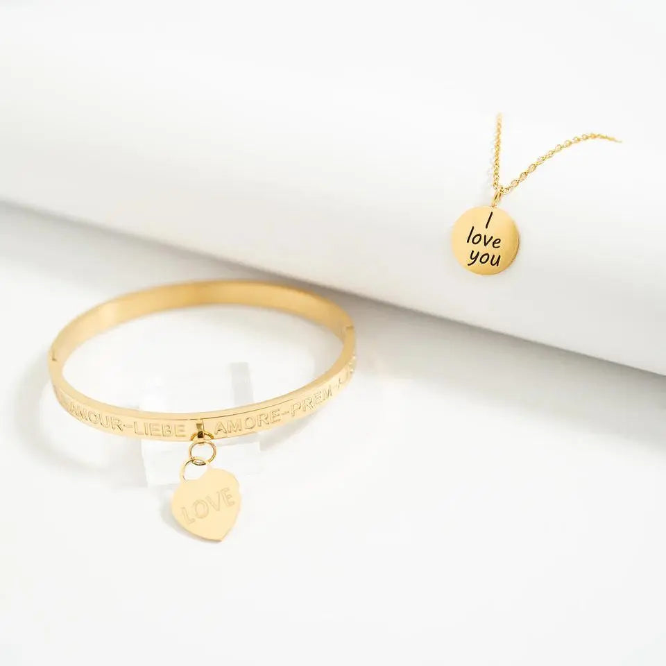 18K gold plated Love Languages Heart Charm Bangle bracelet with engraved heart details by Winks Design Studio, LLC.