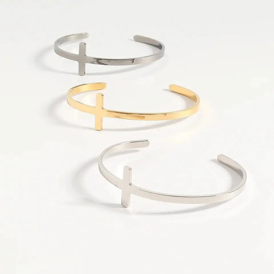 Gold bracelet with Philippians 4:13 cross cuff design from Winks Design Studio, LLC, featuring an 18K gold finish and engraved scripture.