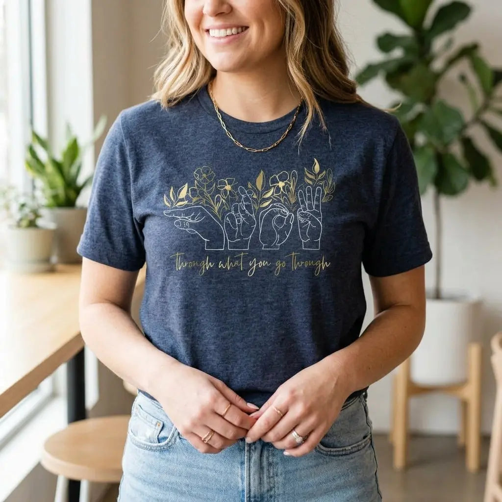 Yellow Grow Through What You Go Through T-shirt by Winks Design Studio, LLC, featuring motivational text and casual fit.