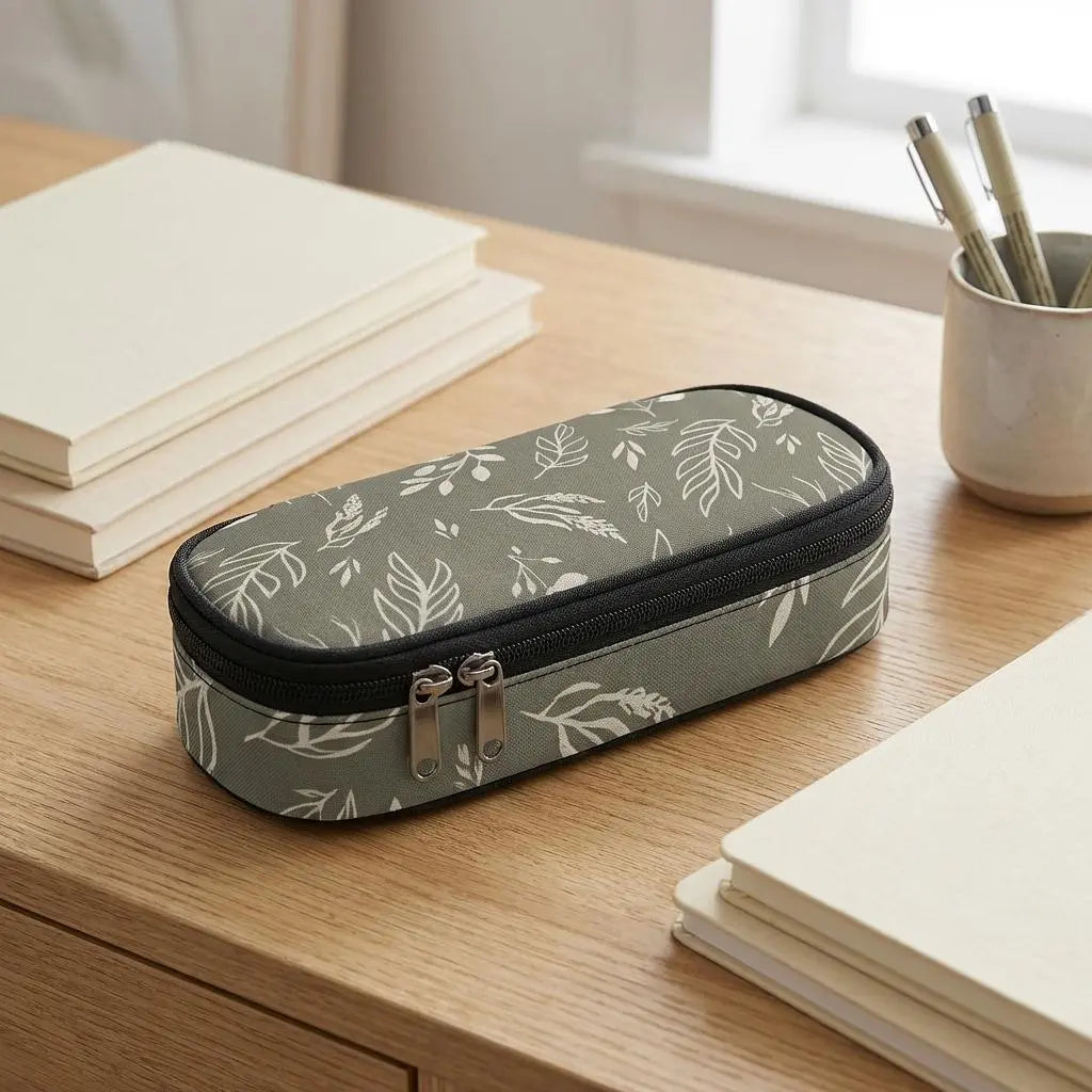 Sage and stem 3-layer pencil case from Winks Design Studio, LLC with multiple compartments for pens and pencils.