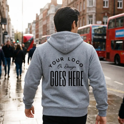 Back view of a heather gray custom hoodie with a large black "Your Logo or Design Goes Here" full back placeholder print