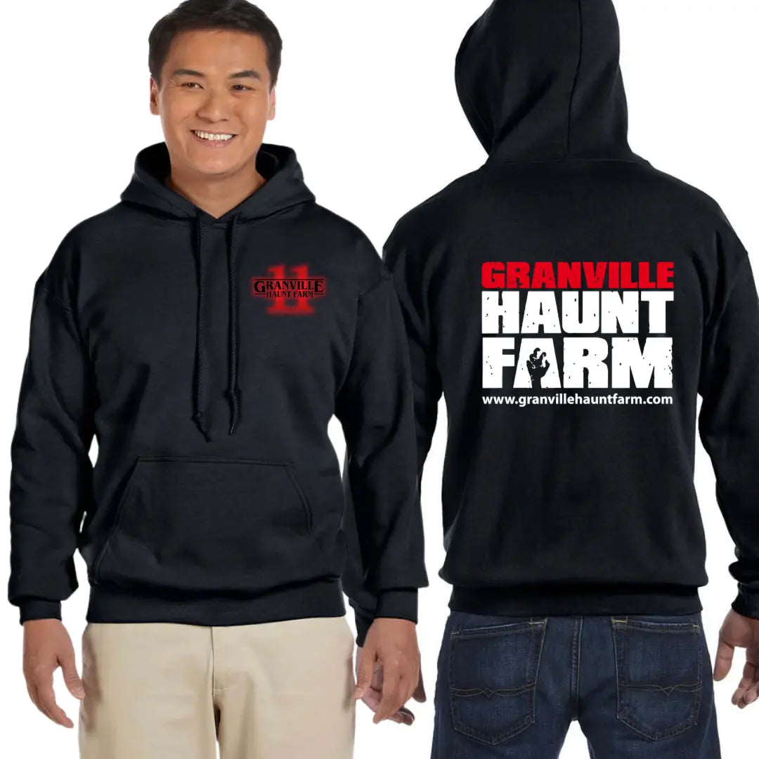 Winks Design Studio, LLC Granville Haunt Farm front pouch hoodie featuring a spooky farm-themed graphic on a cozy hoodie.