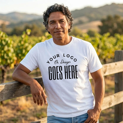 Man in a white custom t-shirt with a large black "Your Logo or Design Goes Here" center chest placeholder at a vineyard