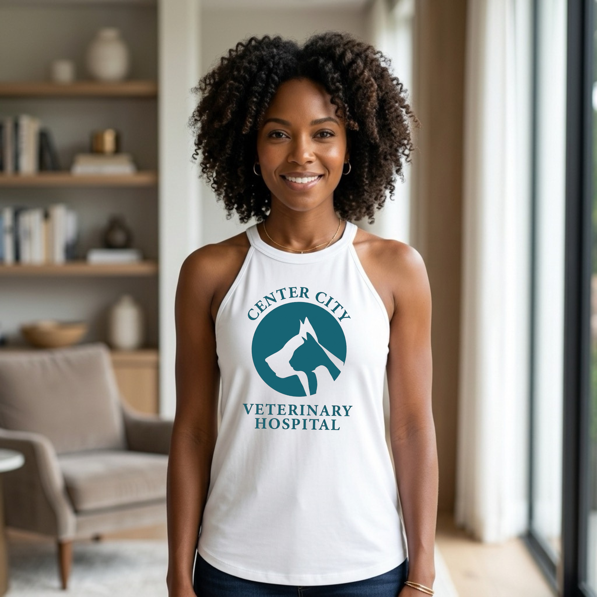 Winks Design Studio LLC Center City Vet halter tank top in black, featuring a sleeveless design with a halter neckline.