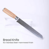 Bread knife with wooden handle on a white background