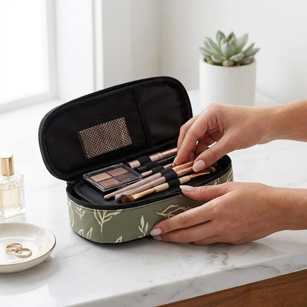 Sage and stem 3-layer pencil case by Winks Design Studio featuring multiple compartments for pens and pencils.