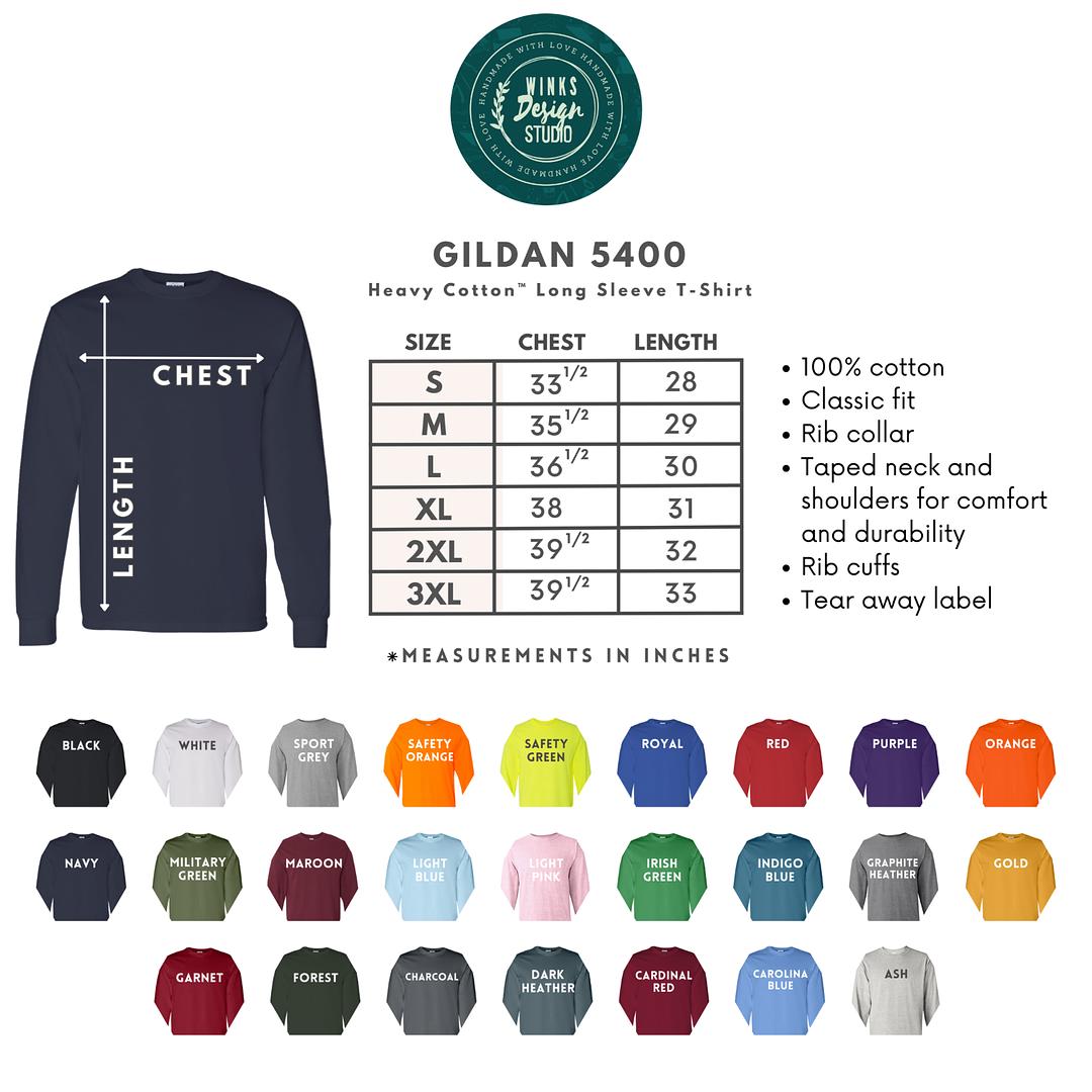 Custom Gildan unisex heavy cotton long-sleeve T-shirt with Winks Design Studio branding, shown in a natural pose.