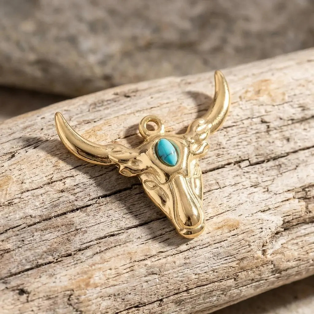 Longhorn charm with turquoise accent jewelry charm by Winks Design Studio, LLC, featuring detailed longhorn design and turquoise stone.