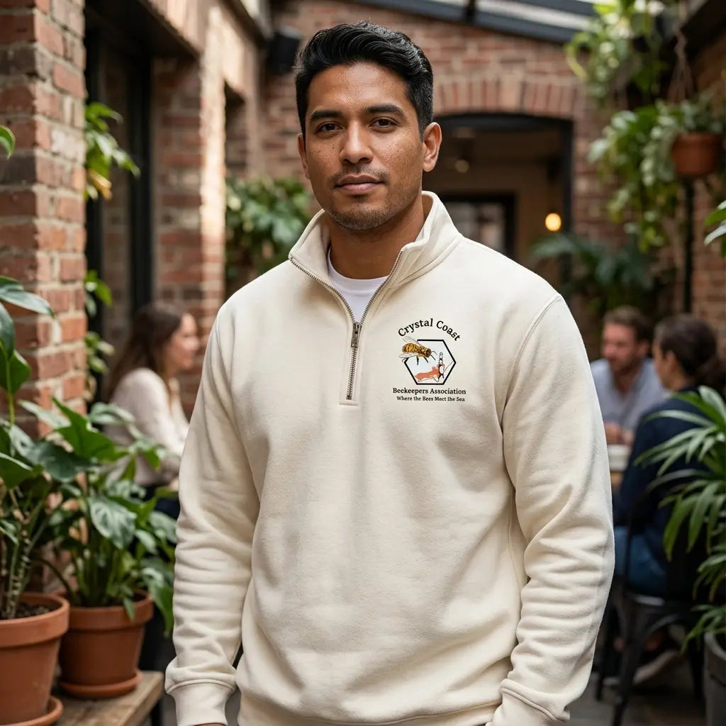 Winks Design Studio Crystal Coast Beekeepers quarter zip hoodie in soft fabric, featuring a beekeeping-themed design on the front.