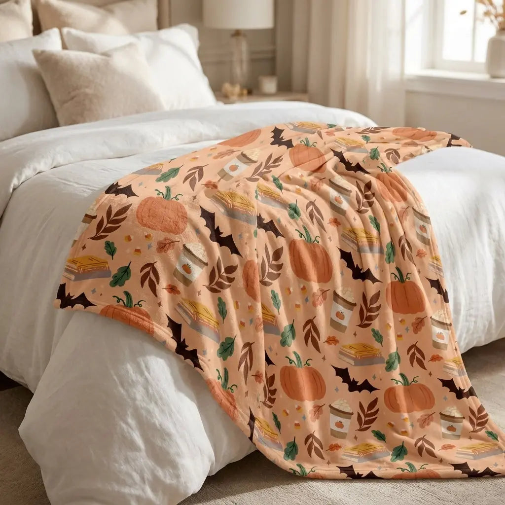 Winks Design Studio LLC pumpkin patch fall-themed blanket 80x60 with autumn leaves and pumpkin patterns, cozy and decorative.