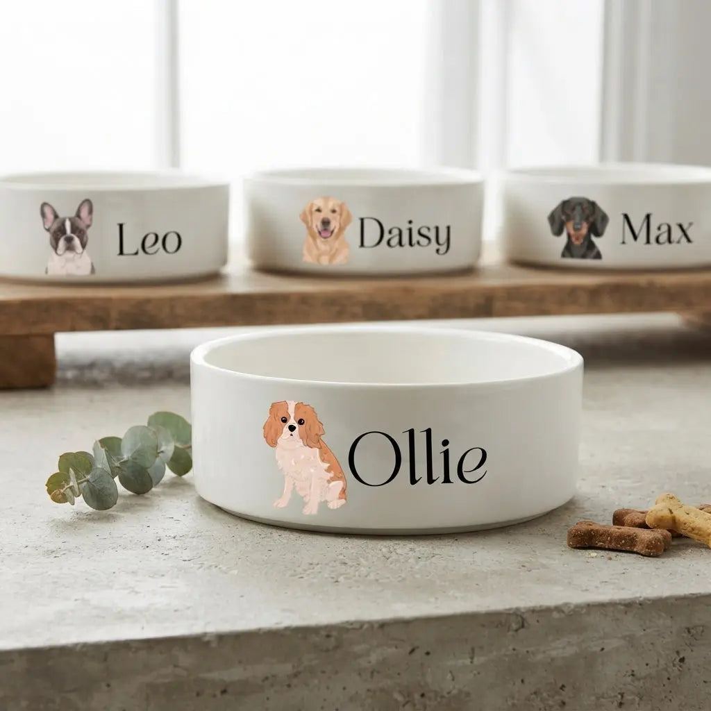 Custom ceramic dog bowl with pet portrait design from Winks Design Studio, LLC, featuring a personalized pet image on the bowl.