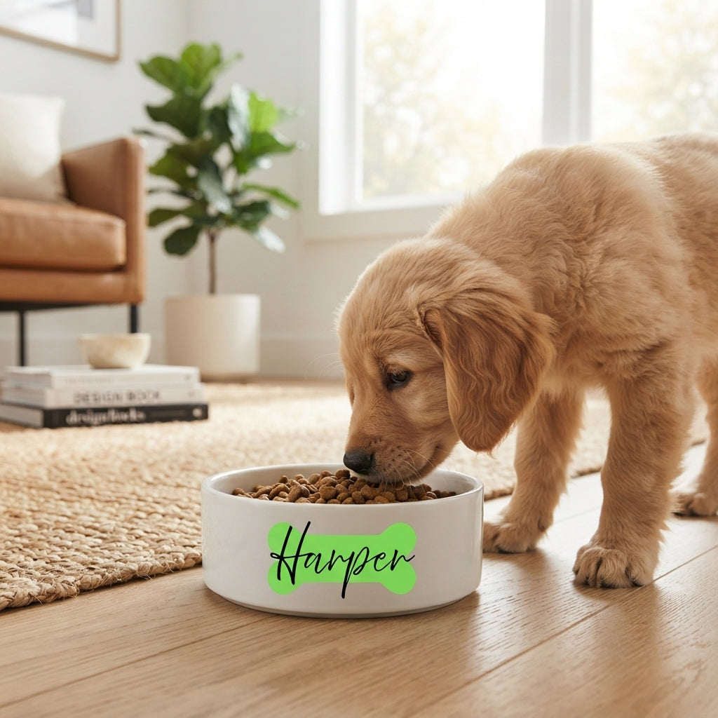 A golden retriever puppy eating from a white ceramic bowl with a custom green bone-shaped graphic and the name &