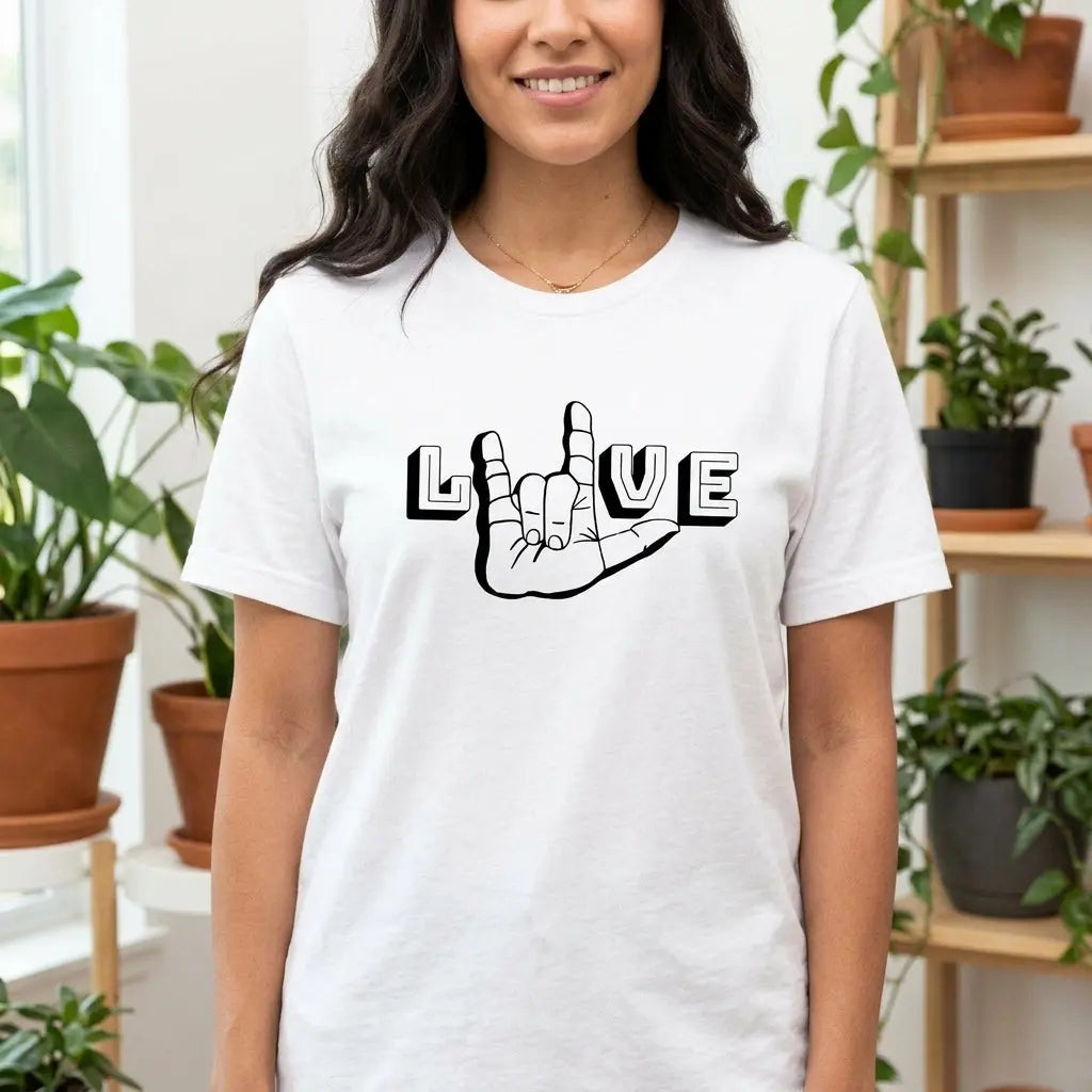 White ASL I Love You T-shirt by Winks Design Studio, LLC featuring bold hand sign graphic on front.