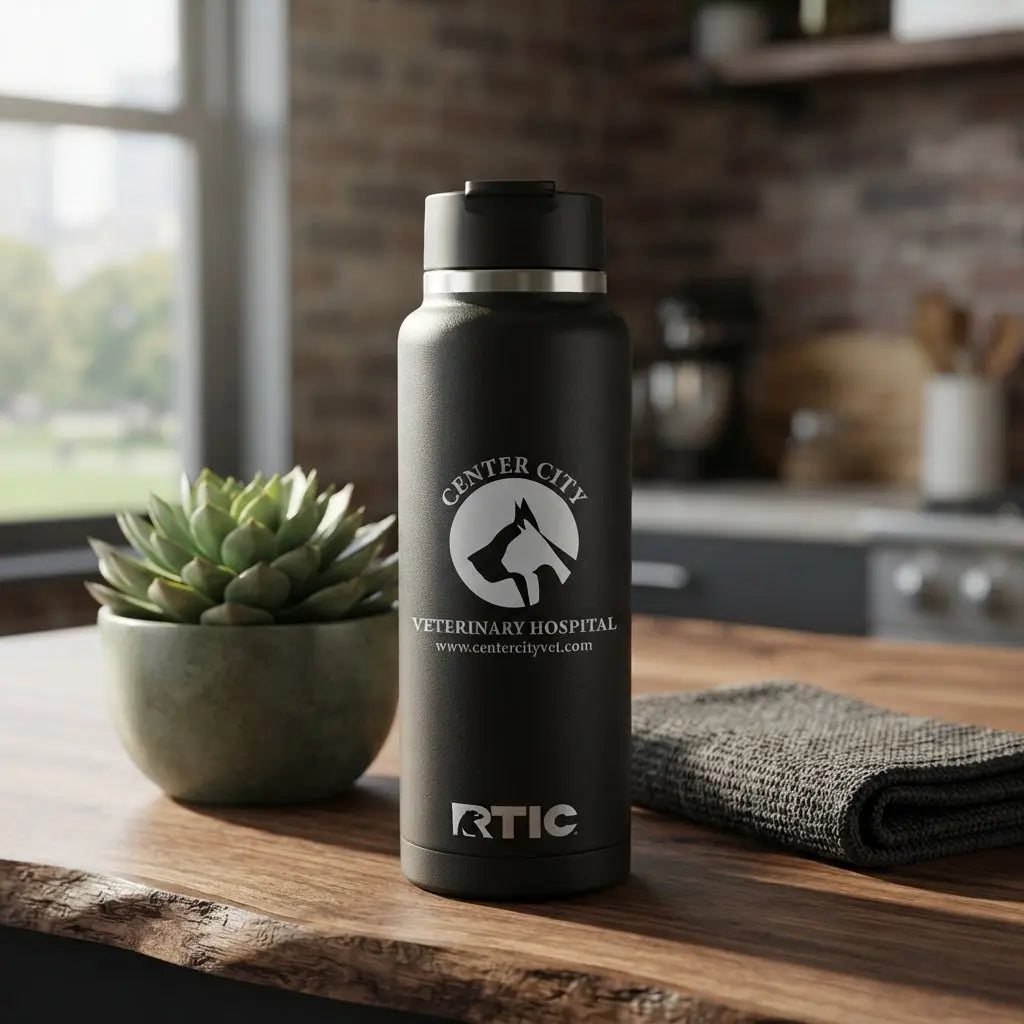 Center City Vet 40oz RTIC water bottle by Winks Design Studio, LLC, with a sleek stainless steel body and leak-proof lid.