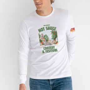 White long-sleeve shirt with hot sauce festival graphic and text on a white background