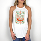 Woman wearing NC Hot Sauce Contest & Festival halter tank with vintage label design for 2024 event.