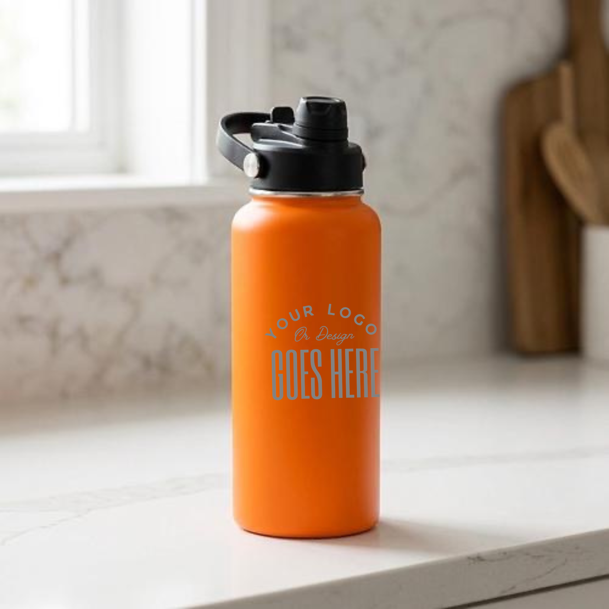 An orange insulated water bottle with a black lid sits on a white marble countertop in a kitchen setting. The bottle features a customizable graphic with the placeholder text &