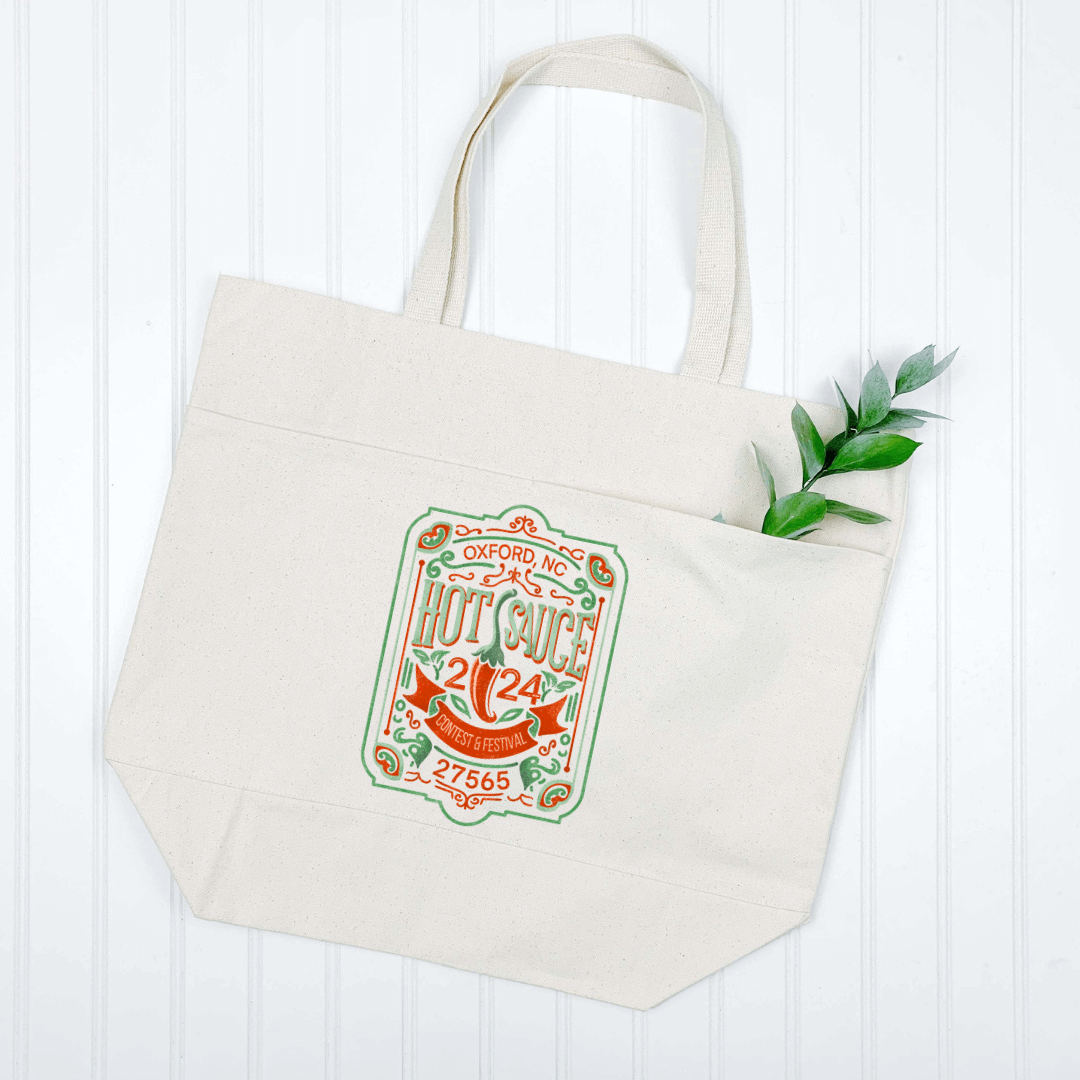 NC Hot Sauce Contest & Festival 2024 tote bag in natural color with vintage design on white background.