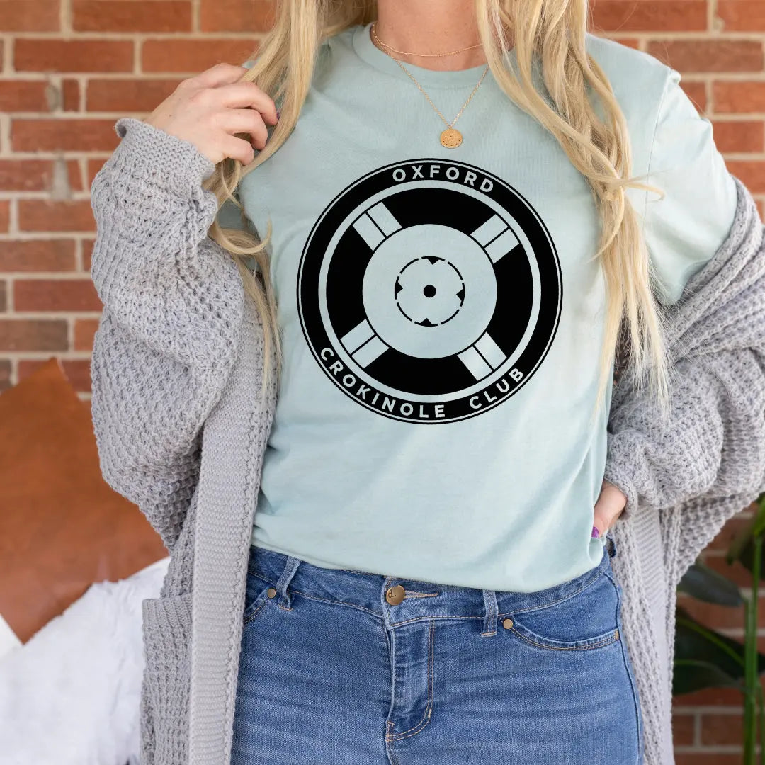 Winks Design Studio Oxford Crokinole Club short sleeve T-shirt in black with white text and logo, casual men&