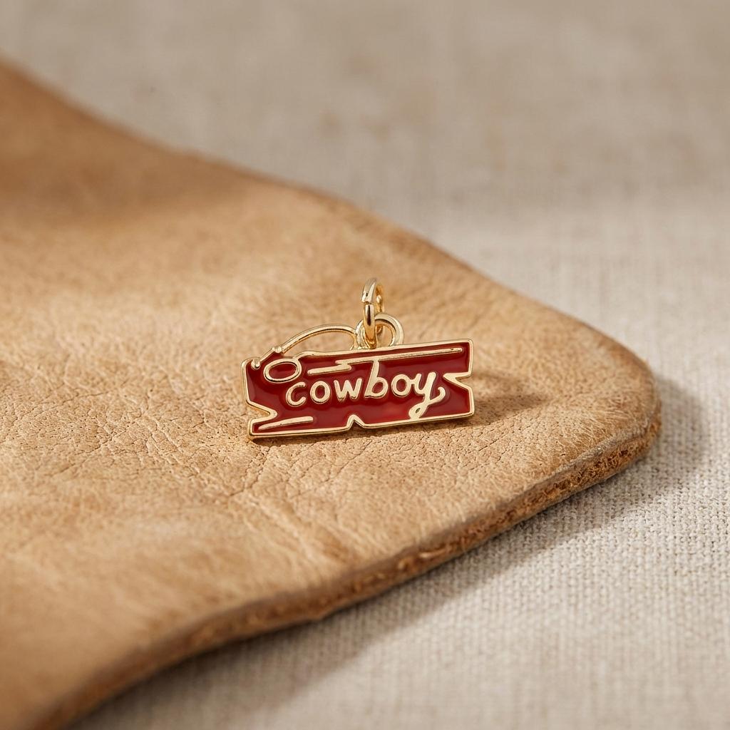 Vintage Rodeo Script Cowboy Charm from Winks Design Studio, LLC, featuring detailed enamel western jewelry charm.