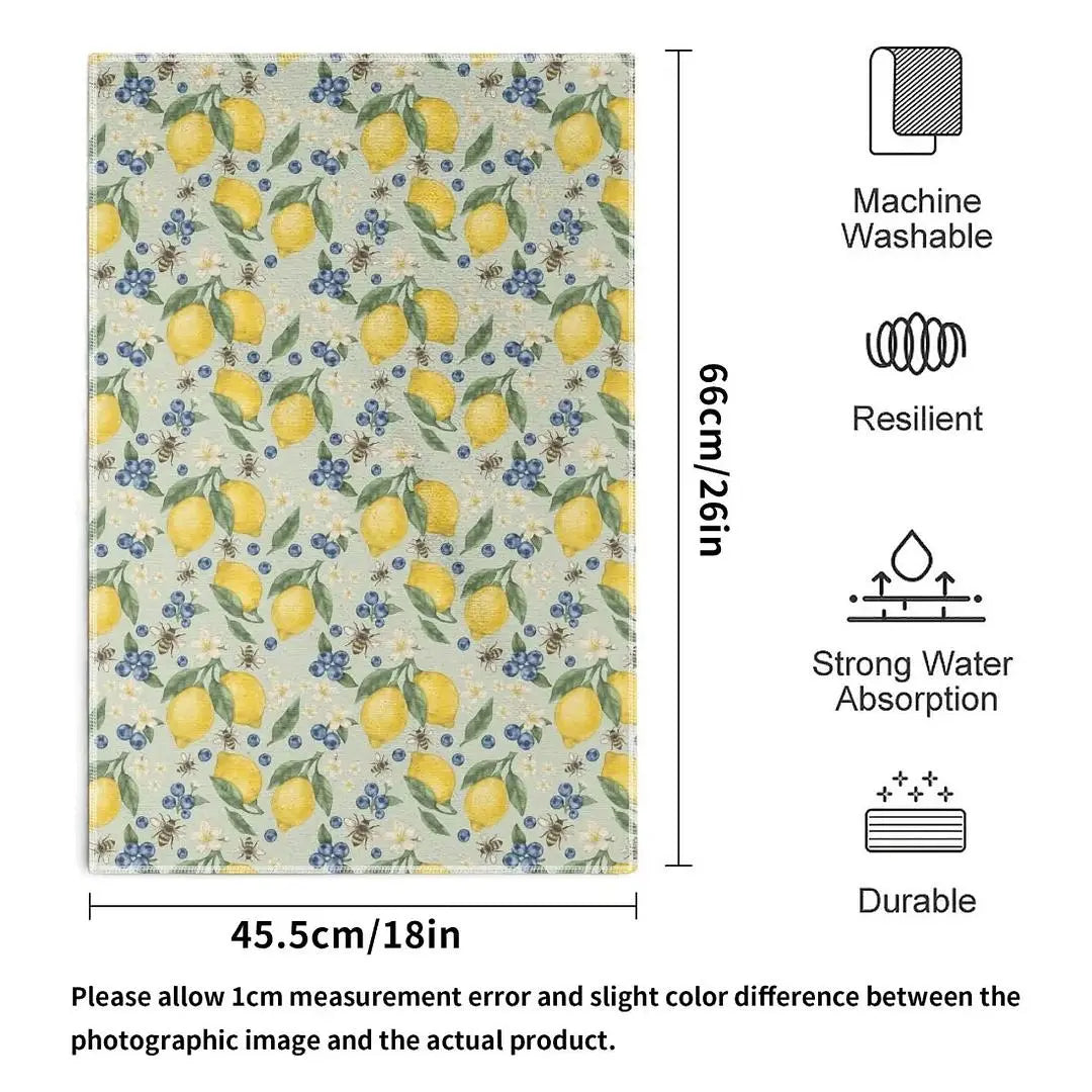 Lemonberry Bloom kitchen towel by Winks Design Studio, LLC, featuring a vibrant floral and lemon pattern on soft fabric.
