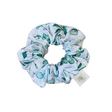 Eucalyptus Scrunchie made from soft cotton with nature-inspired green leaf design for comfortable and gentle hair styling