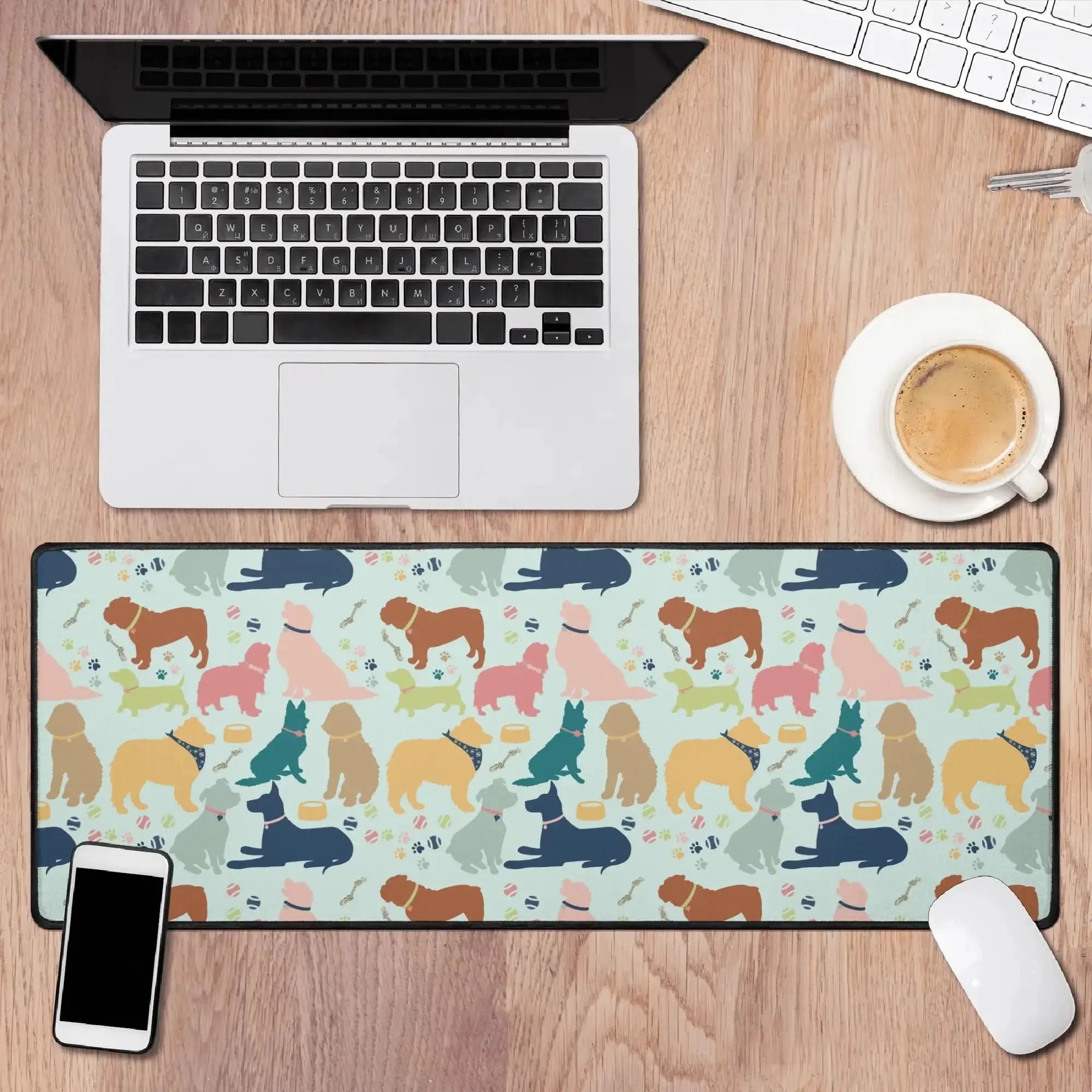 Dog Lover Desk Mat by Winks Design Studio LLC featuring a playful dog print on a smooth desk surface.