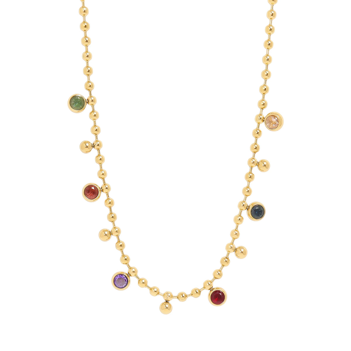Gold necklace with colorful gemstones on a white background