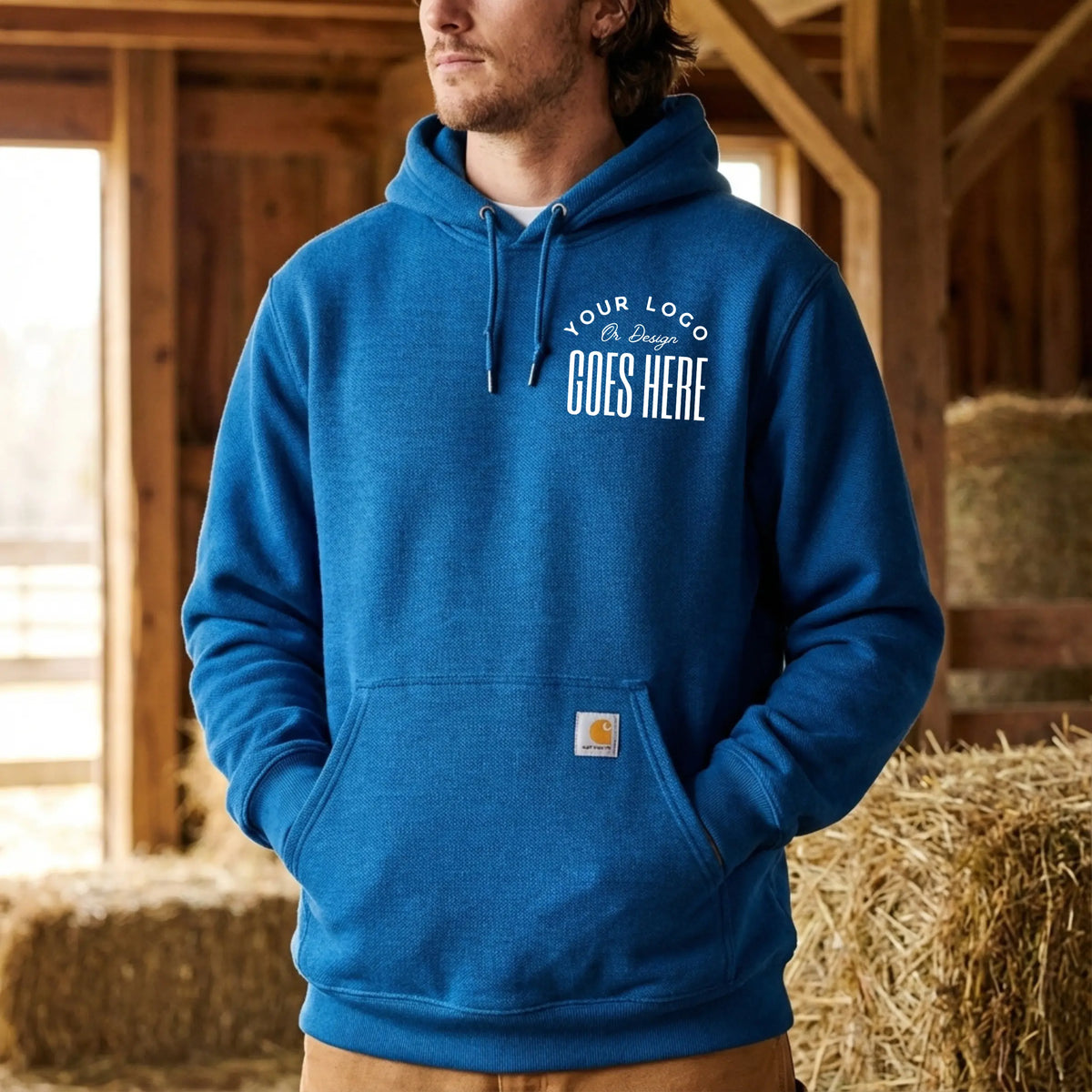 Carhartt Rain Defender heavyweight hoodie by Winks Design Studio, LLC, water-repellent work sweatshirt in dark color with hood and front pockets.