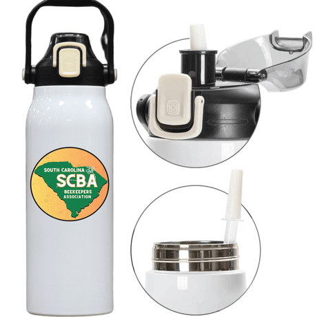 SCBA 57oz water bottle with South Carolina Beekeepers Association logo, showing high-capacity design and secure spout.