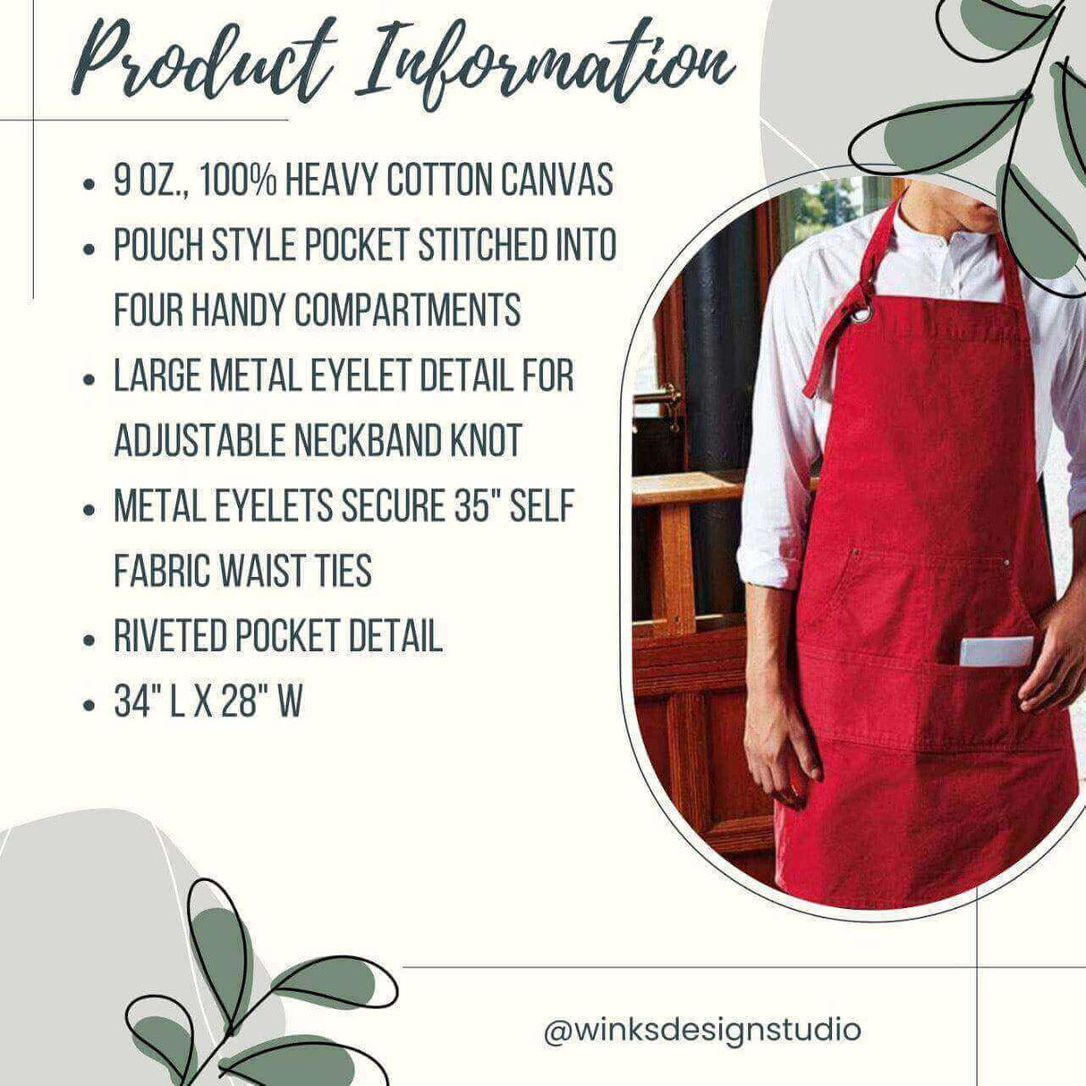 Person wearing red apron with adjustable neckband and multiple pockets, product information text overlay detailing features and dimensions.