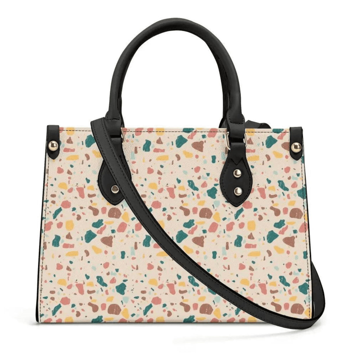 Terrazzo Purse: Luxury Women PU Handbag with shoulder strap, white base with colorful terrazzo pattern, durable and elegant fashion accessory.