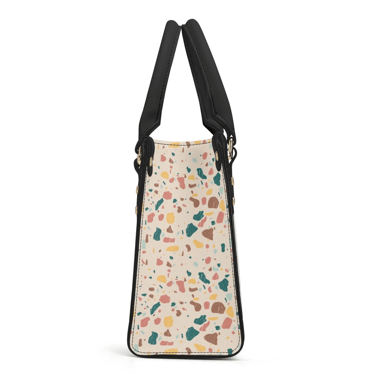 Side view of Terrazzo Purse, luxury women PU leather handbag with a colorful terrazzo pattern and black shoulder straps.