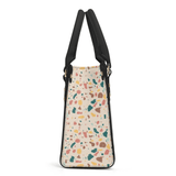 Side view of Terrazzo Purse, luxury women PU leather handbag with a colorful terrazzo pattern and black shoulder straps.