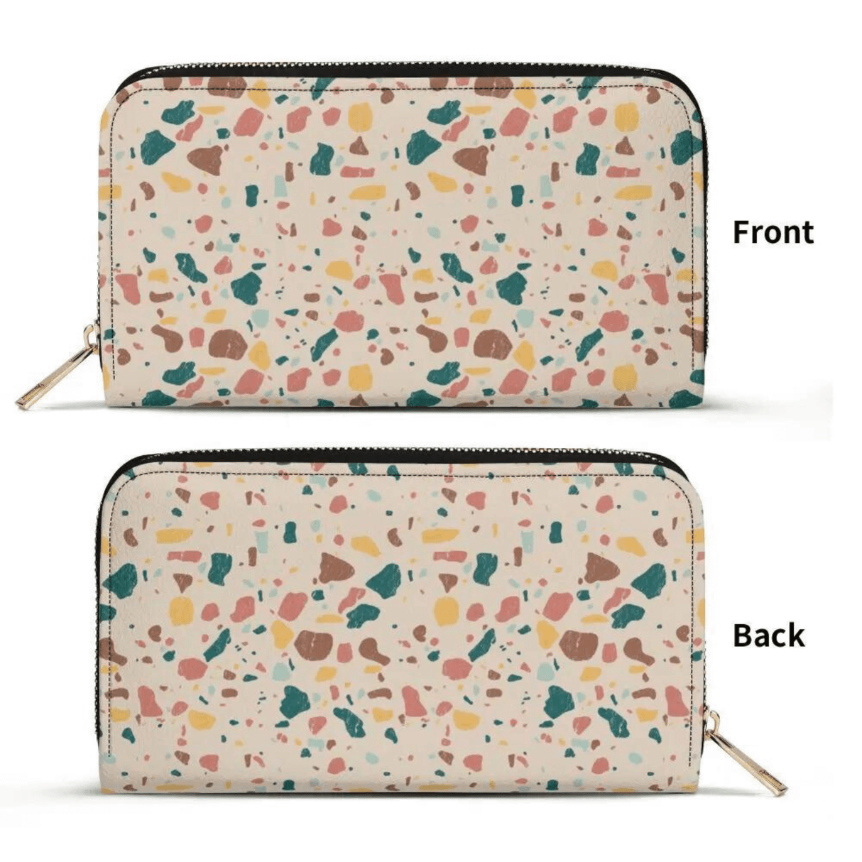 Terrazzo Wallet in colorful pattern showing front and back view, made with high-quality PU material for style and durability.