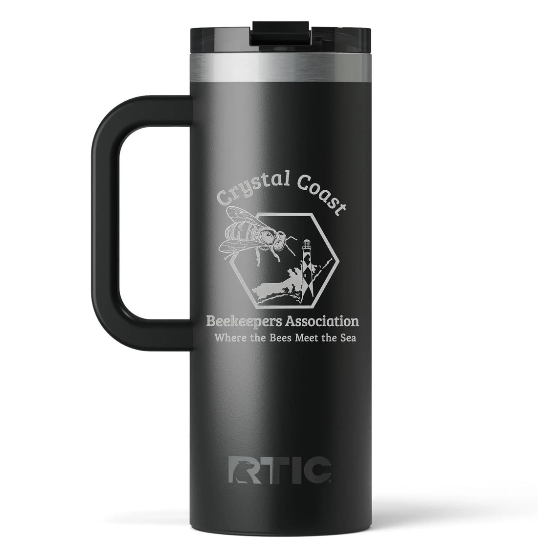 Crystal Coast Beekeepers RTIC travel mug by Winks Design Studio showing a sleek water bottle with beekeeping-themed artwork.