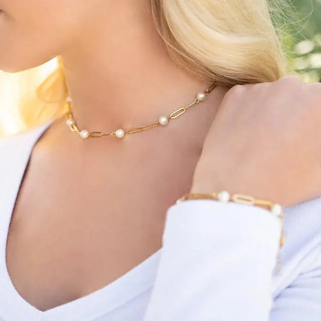 18K gold pearl station paperclip chain necklace with evenly spaced pearls, stylish jewelry by Winks Design Studio LLC
