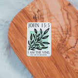 John 15:5 sticker with Bible verse on wooden surface